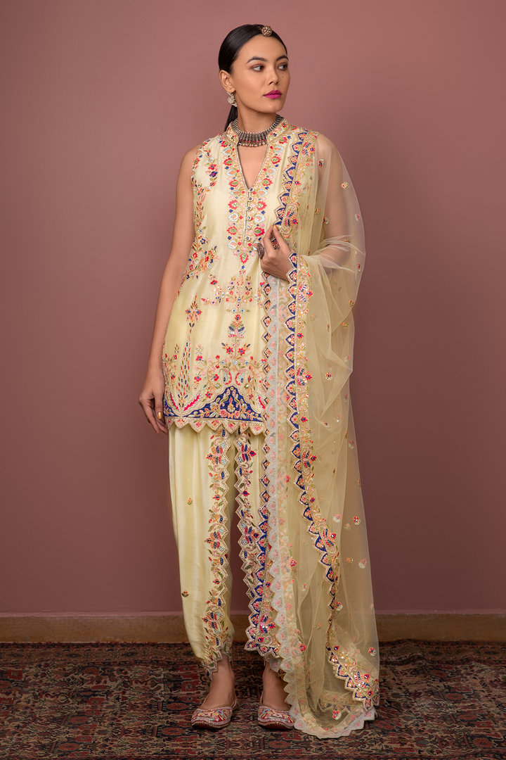 YELLOW CHANDERI KURTA WITH DHOTI SET