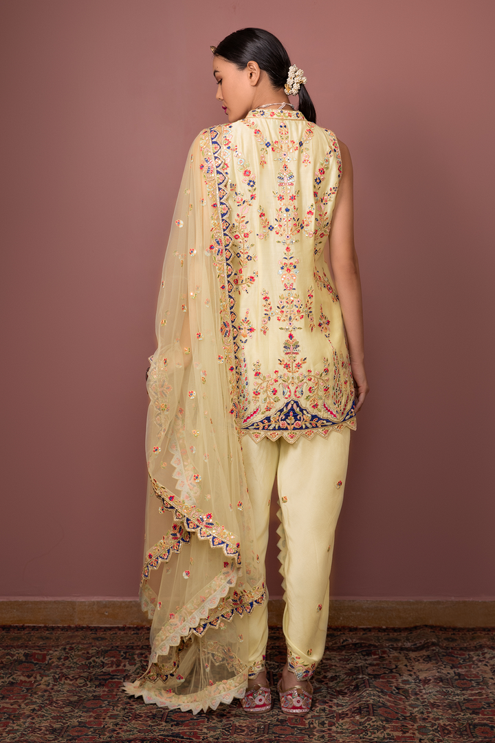 YELLOW CHANDERI KURTA WITH DHOTI SET