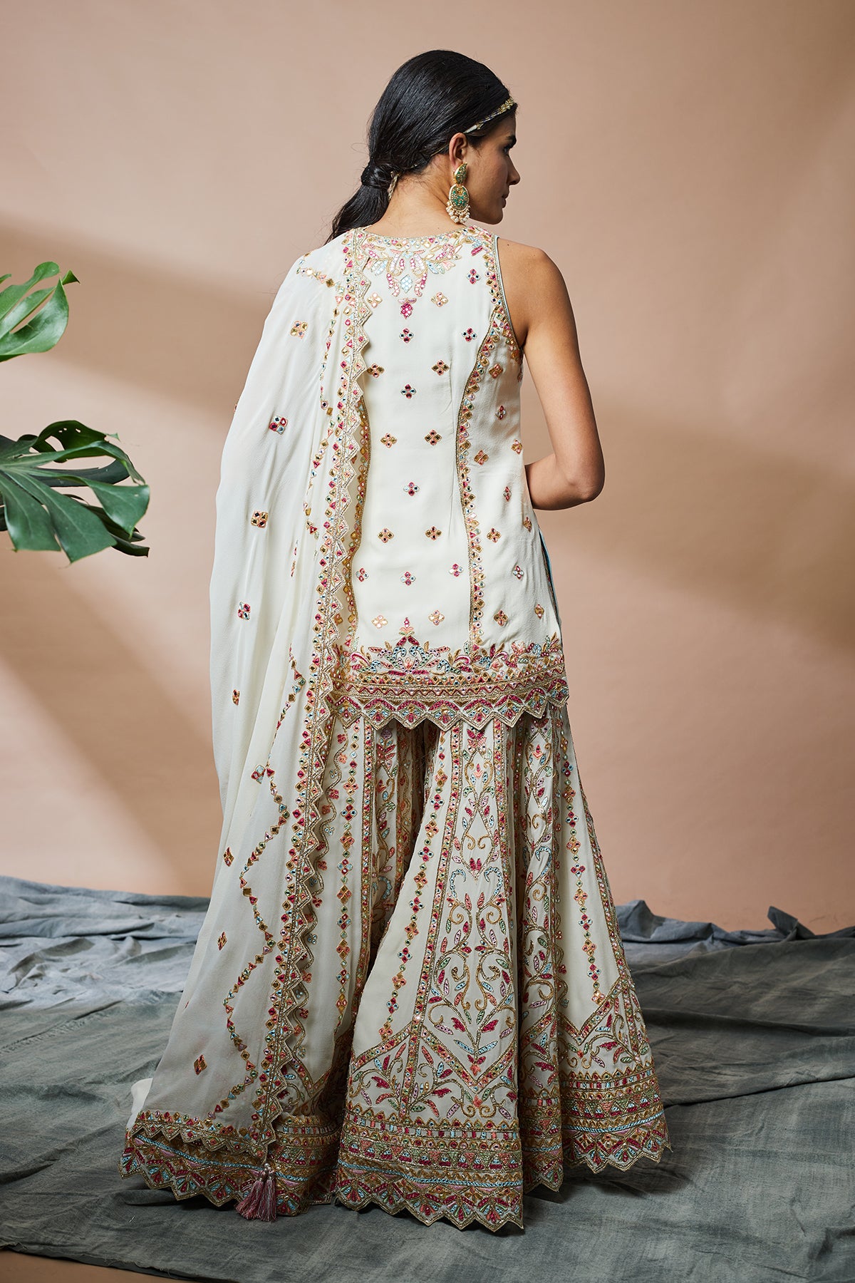 Ivory Georgette Incut Kurta With Sharara