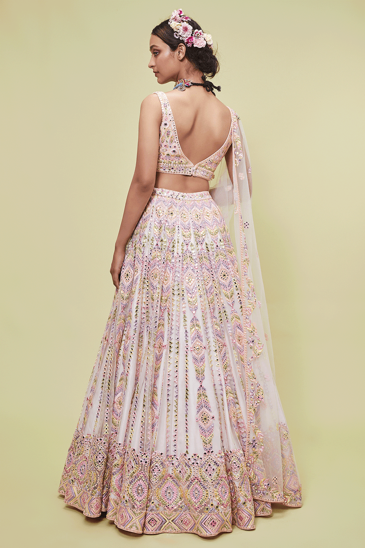 PEACH NET LEHENGA WITH RESHAM AND MIRROR