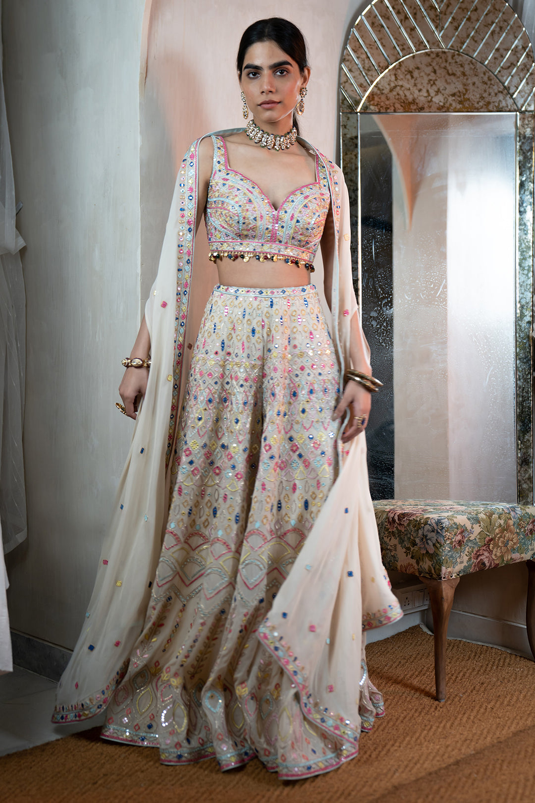 Ivory Georgette Embroidered High Waist Sharara with Cape