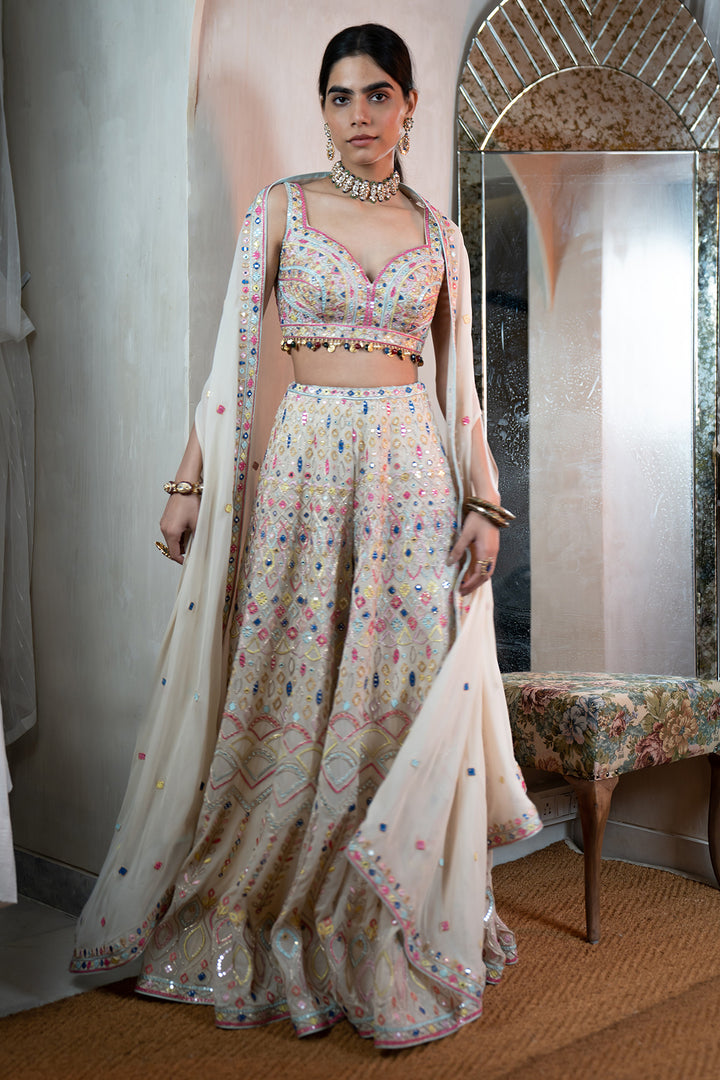Ivory Georgette Embroidered High Waist Sharara with Cape