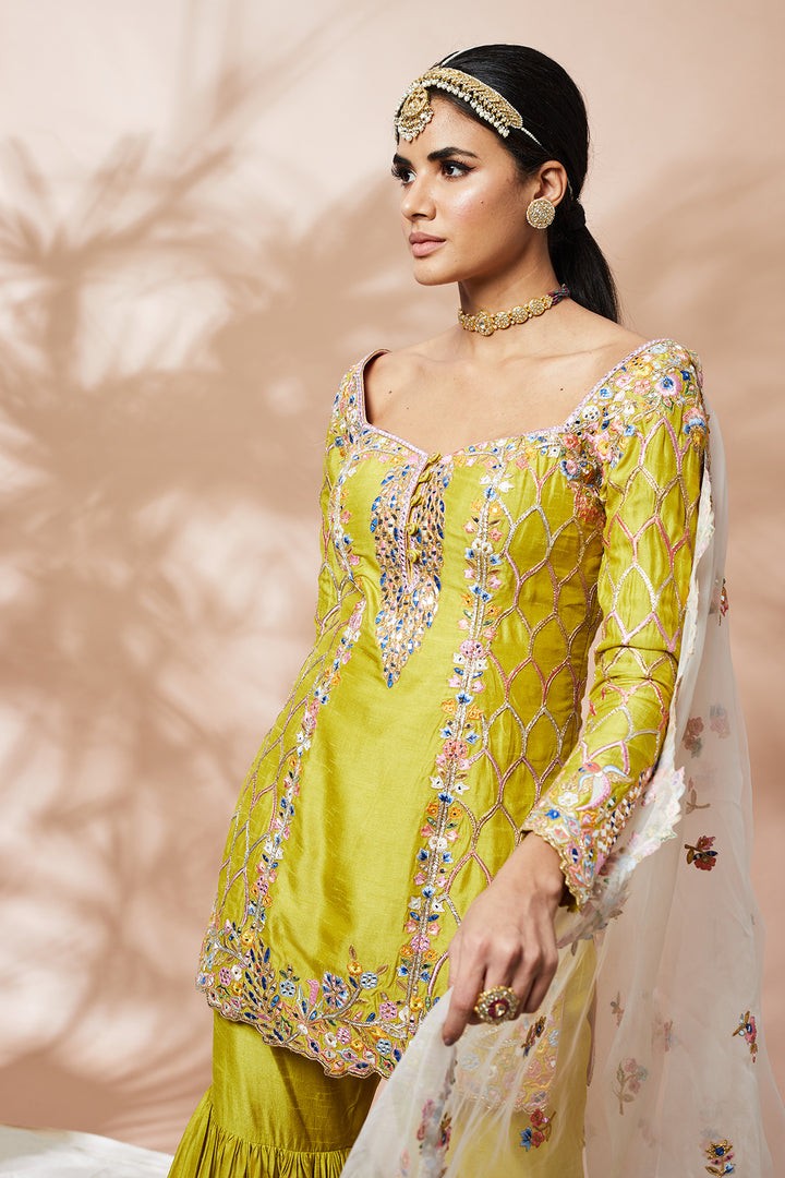 GREEN SILK GHARARA
