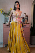 Mustard Chanderi Skirt With A Corset Style Halter Embroidered Blouse