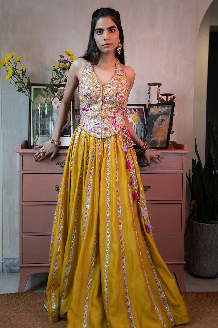Mustard Chanderi Skirt With a Corset Style Halter Embroidered Blouse