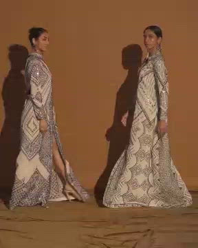 Ivory Crepe Long Kaftan With Mirror And Resham