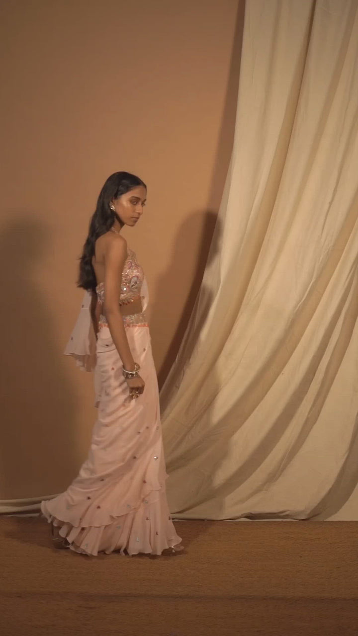 Peach Ruffle Saree Set