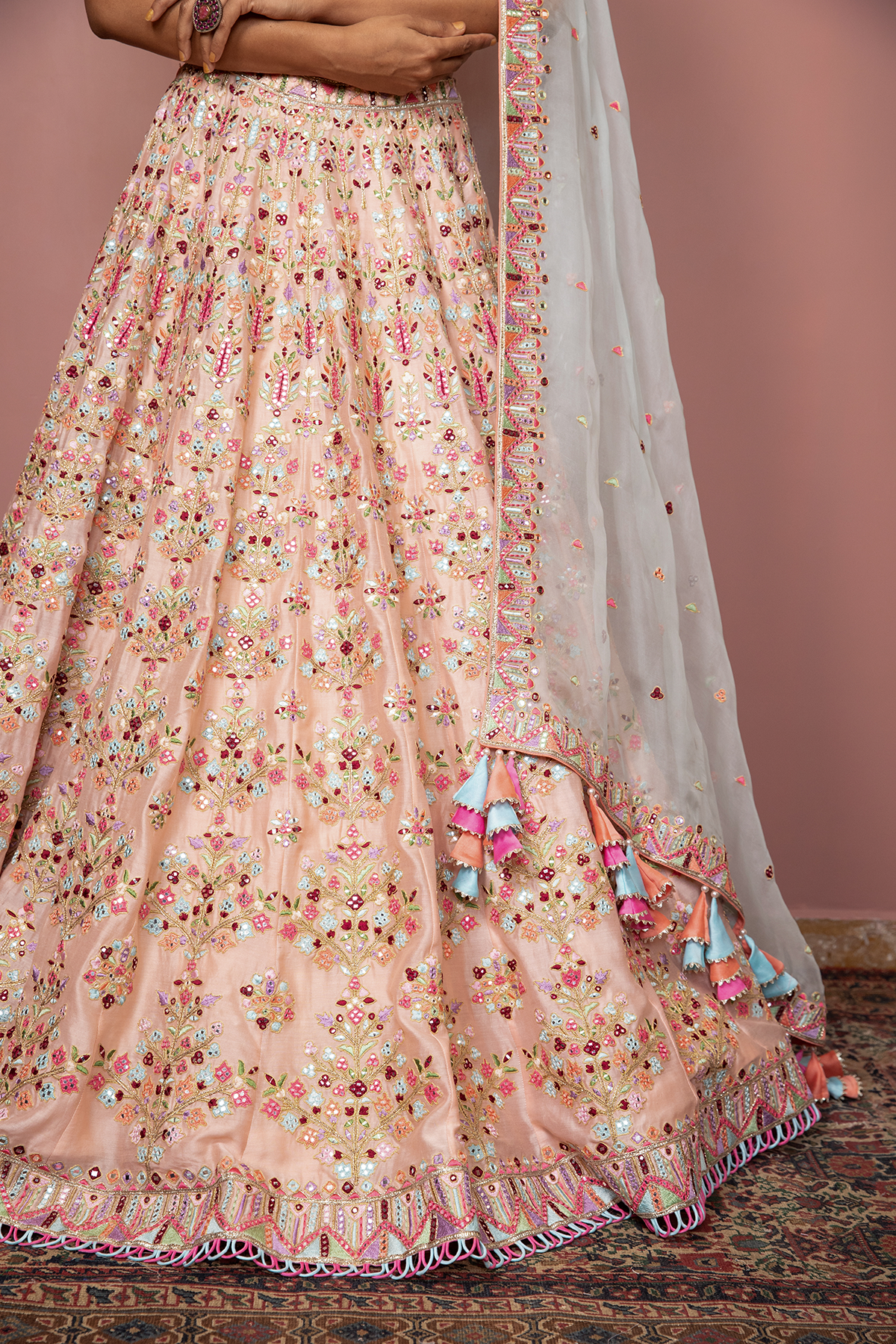 Blush Peach Heavily Embroidered Lehenga Set With Resham Mirror