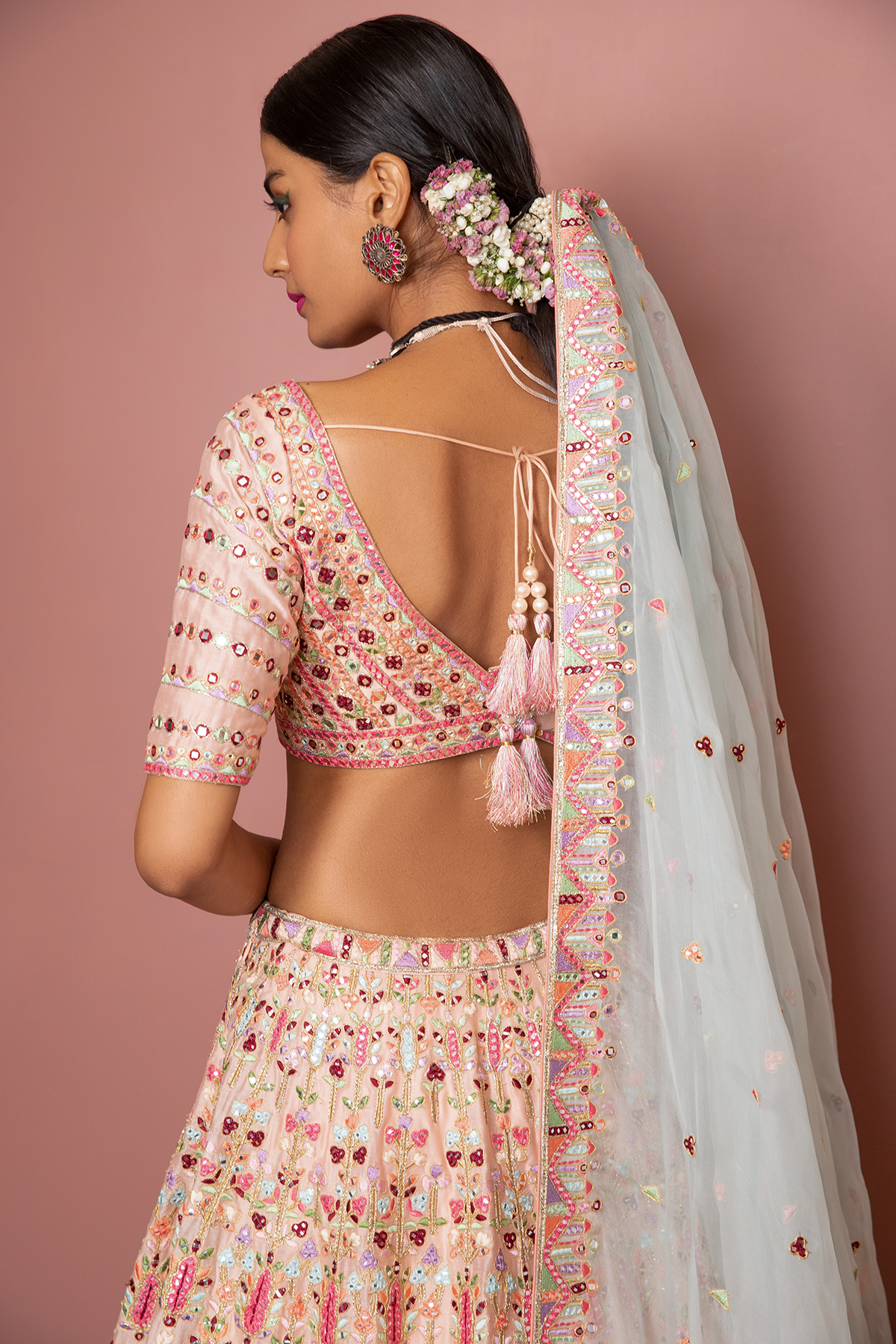 Blush Peach Heavily Embroidered Lehenga Set With Resham Mirror