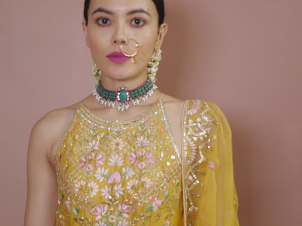 Mustard Halter Kurta With Gharara