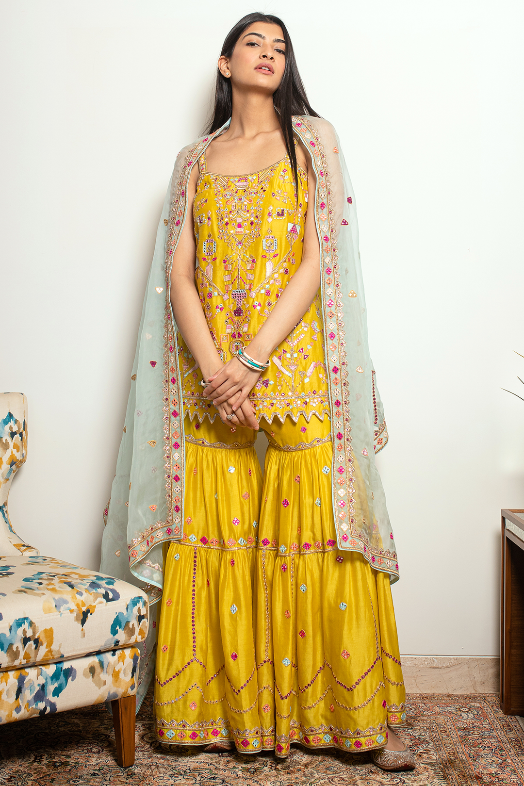 HANNA KHAN IN MUSTARD GHARARA SET