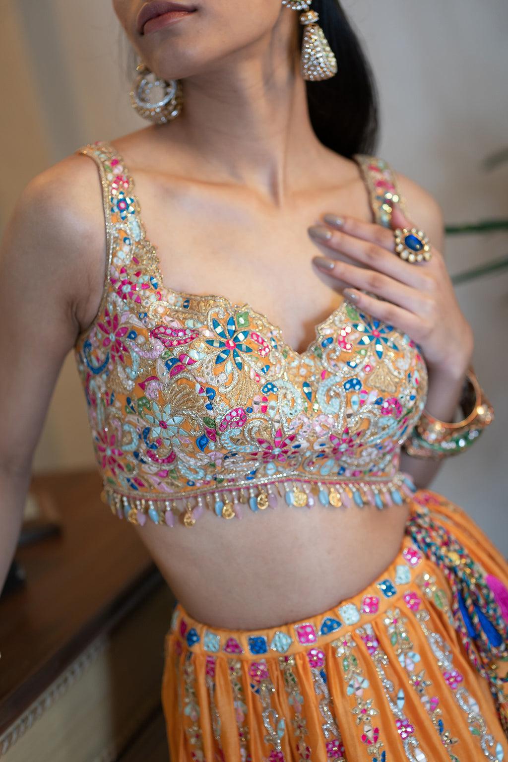 Tangerine Chanderi Skirt Withan Embroidered Blouse