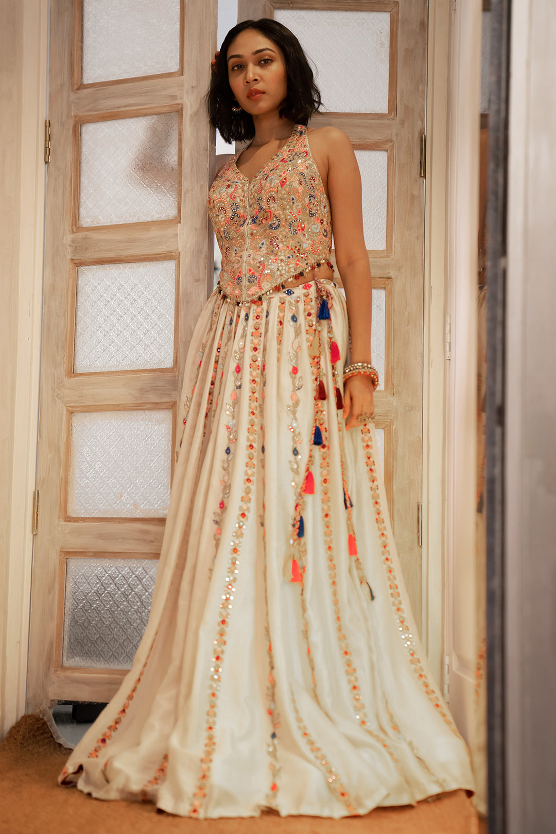 Ivory Chanderi Skirt With a Corset Style Halter Embroidered Blouse