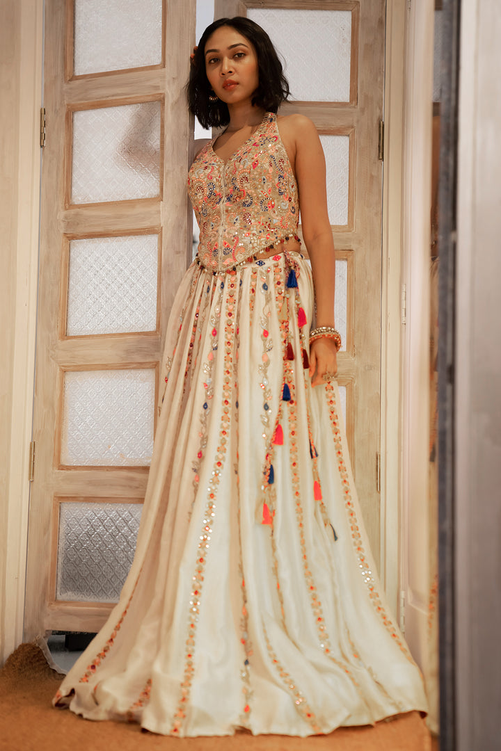 Ivory Chanderi Skirt With a Corset Style Halter Embroidered Blouse