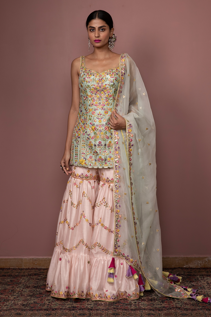 BLUSH PINK CHANDERI GHARARA WITH FOIL, RESHAM EMBROIDERY