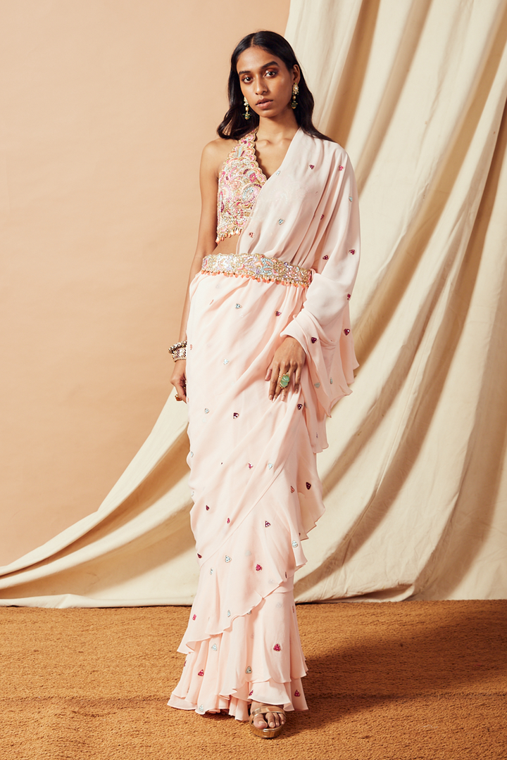 Peach Ruffle Saree Set