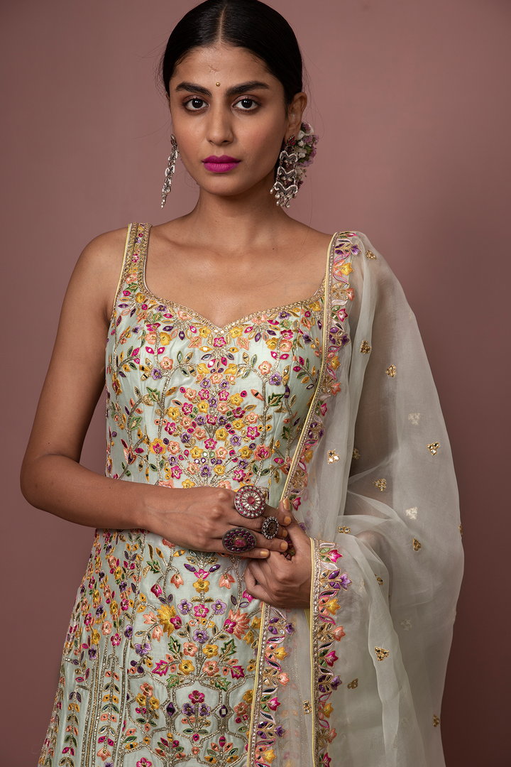 BLUSH PINK CHANDERI GHARARA WITH FOIL, RESHAM EMBROIDERY