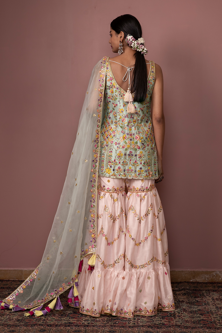 BLUSH PINK CHANDERI GHARARA WITH FOIL, RESHAM EMBROIDERY