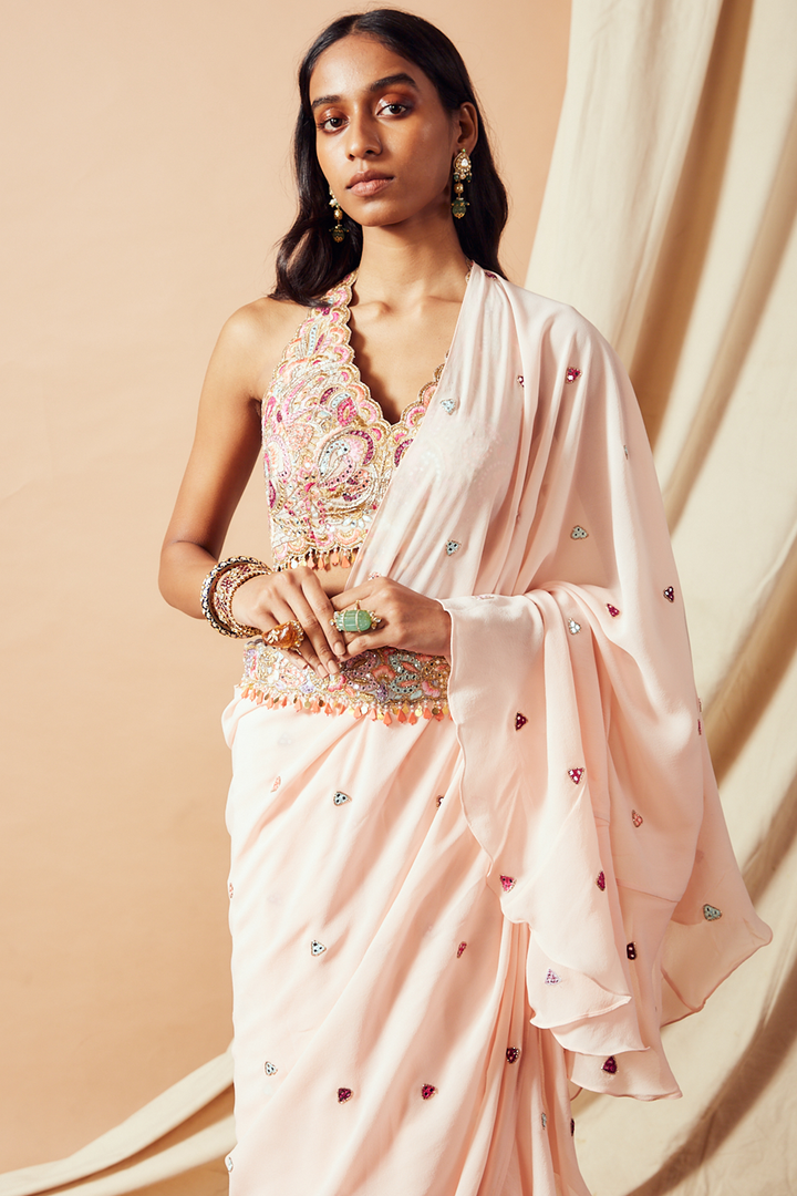 Peach Ruffle Saree Set