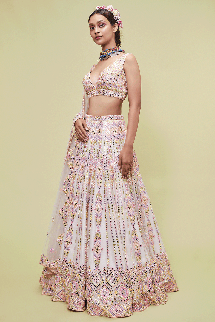 PEACH NET LEHENGA WITH RESHAM AND MIRROR