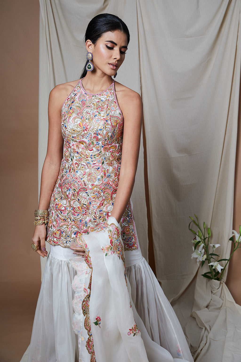 Ivory Halter Organza Gharara