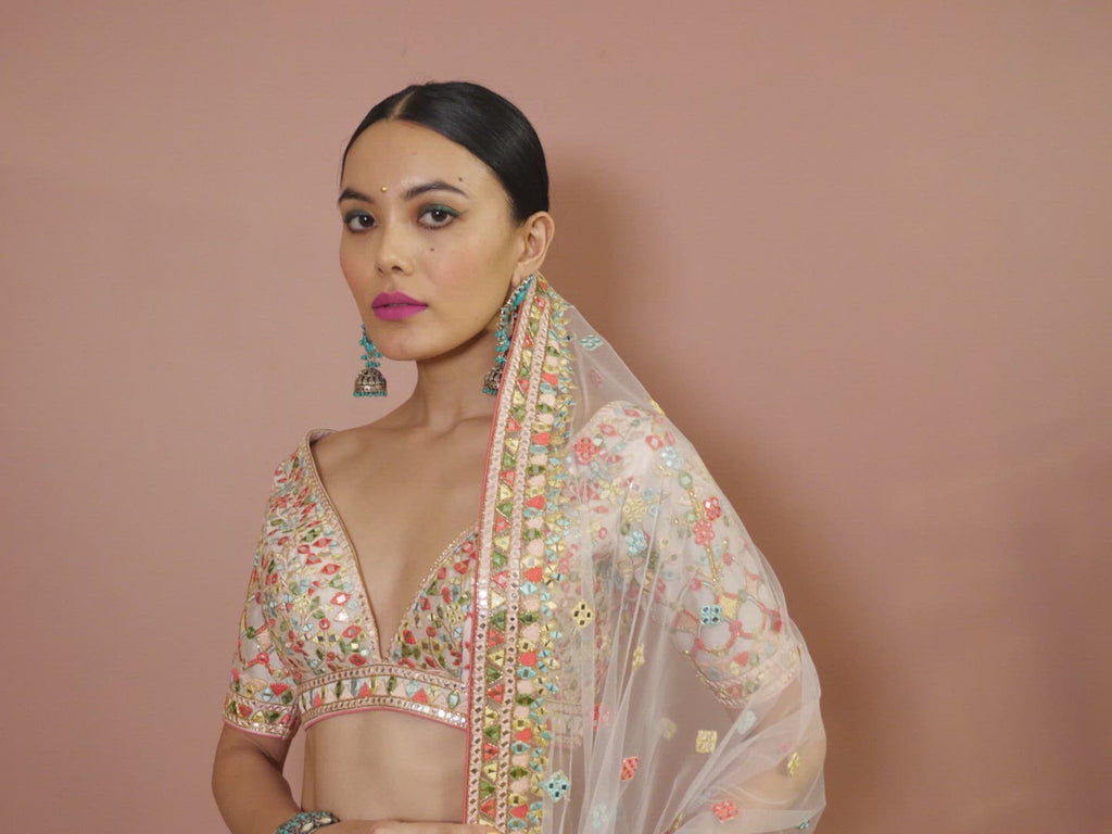 Light Blush Pink Mirror, Resham Detailed Lehenga Set