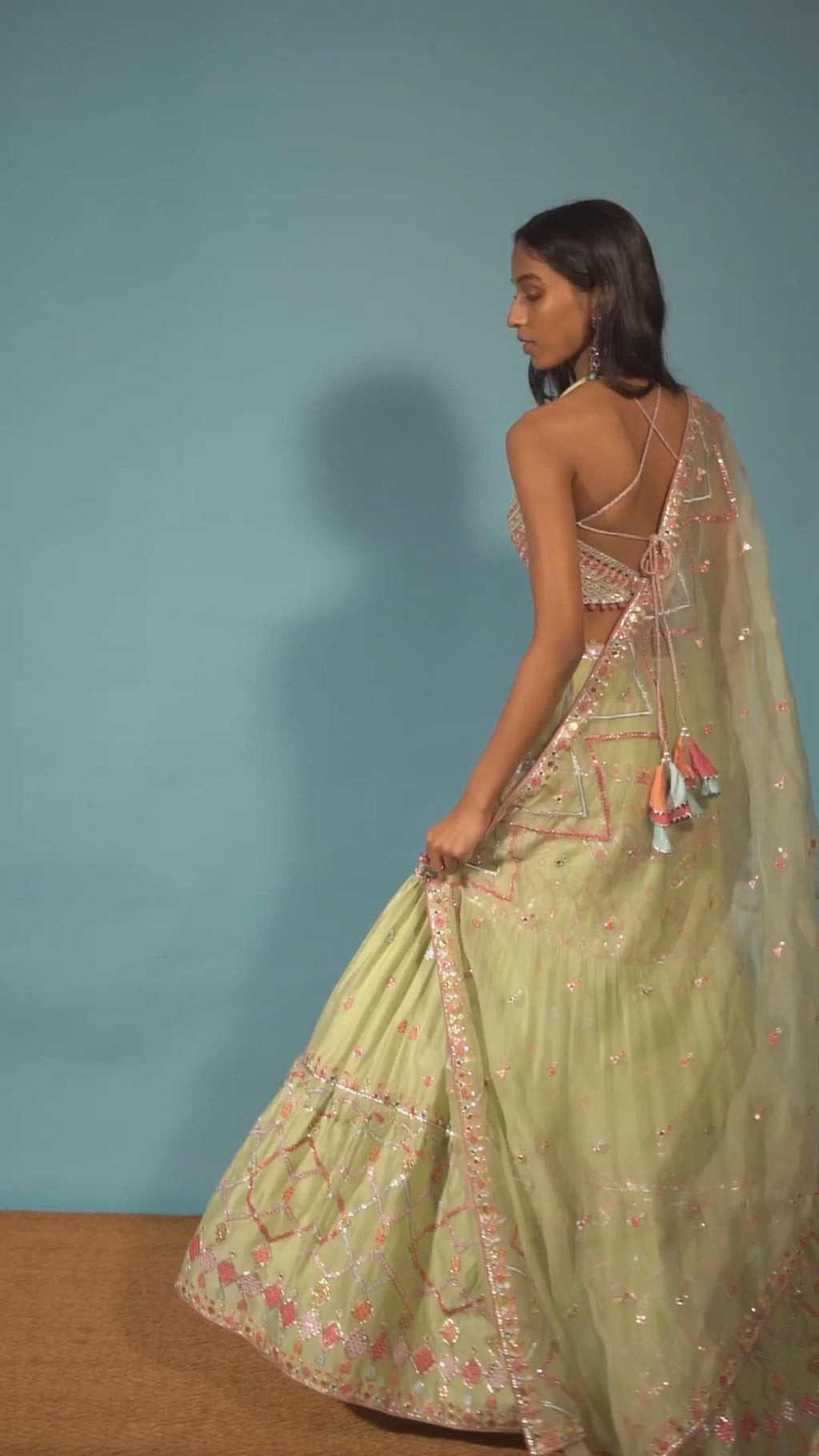 Green Chanderi Tiered Lehenga Set