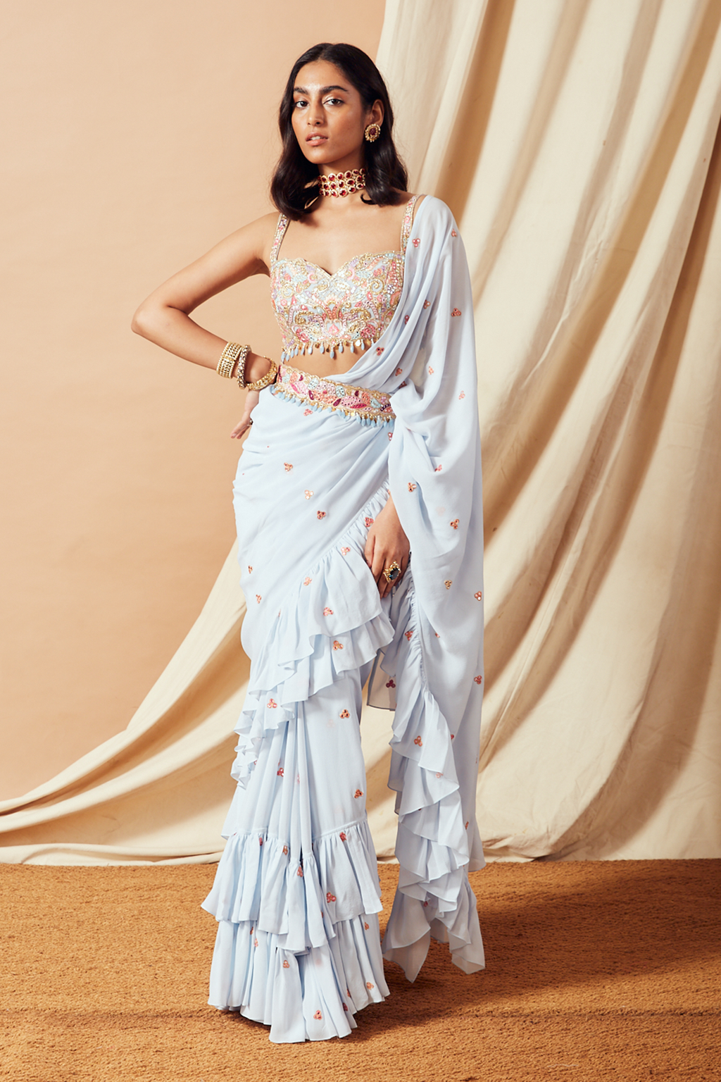 Blue Ruffle Saree Set