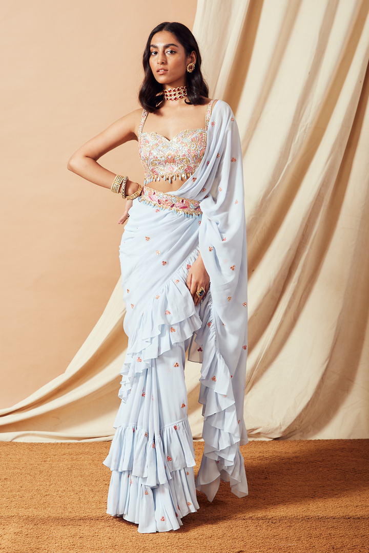 Blue Ruffle Saree Set