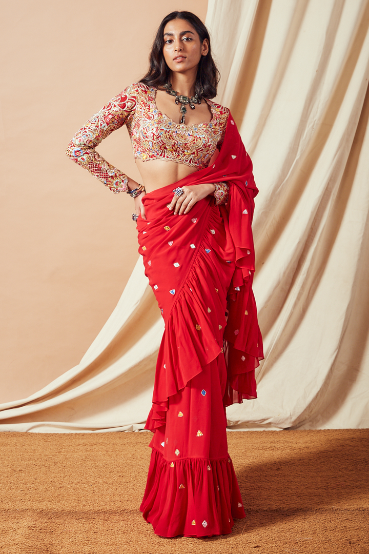 Red Ruffle Saree Set