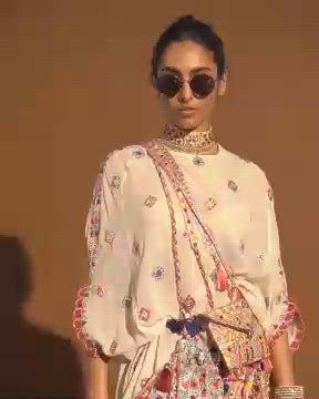 Ivory Georgette Kaftan With Mirror And Resham