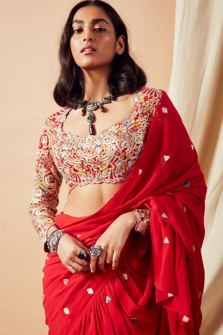 Red Ruffle Saree Set