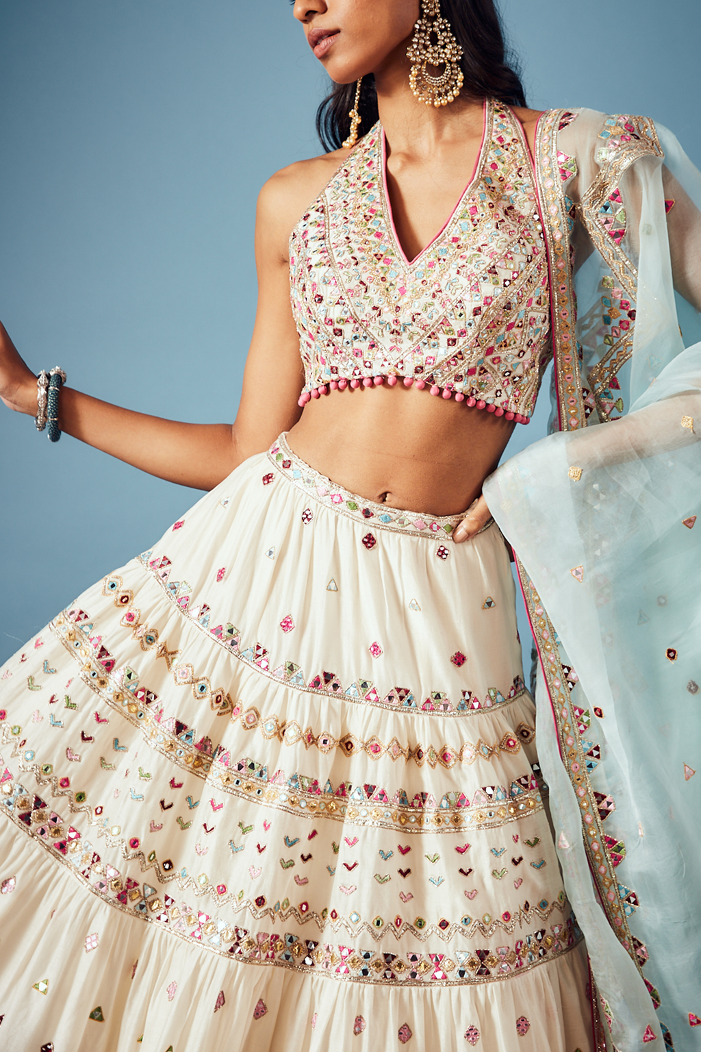 Ivory Tiered Lehenga Set