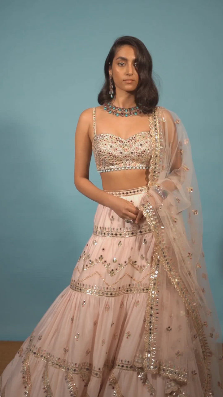 Pink Chanderi Tiered Lehenga Set