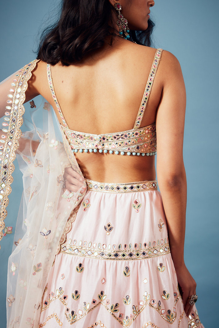 Pink Chanderi Tiered Lehenga Set