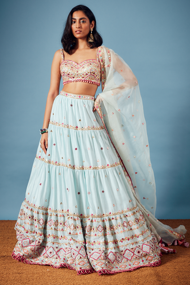 Blue Chanderi Tiered Lehenga Set