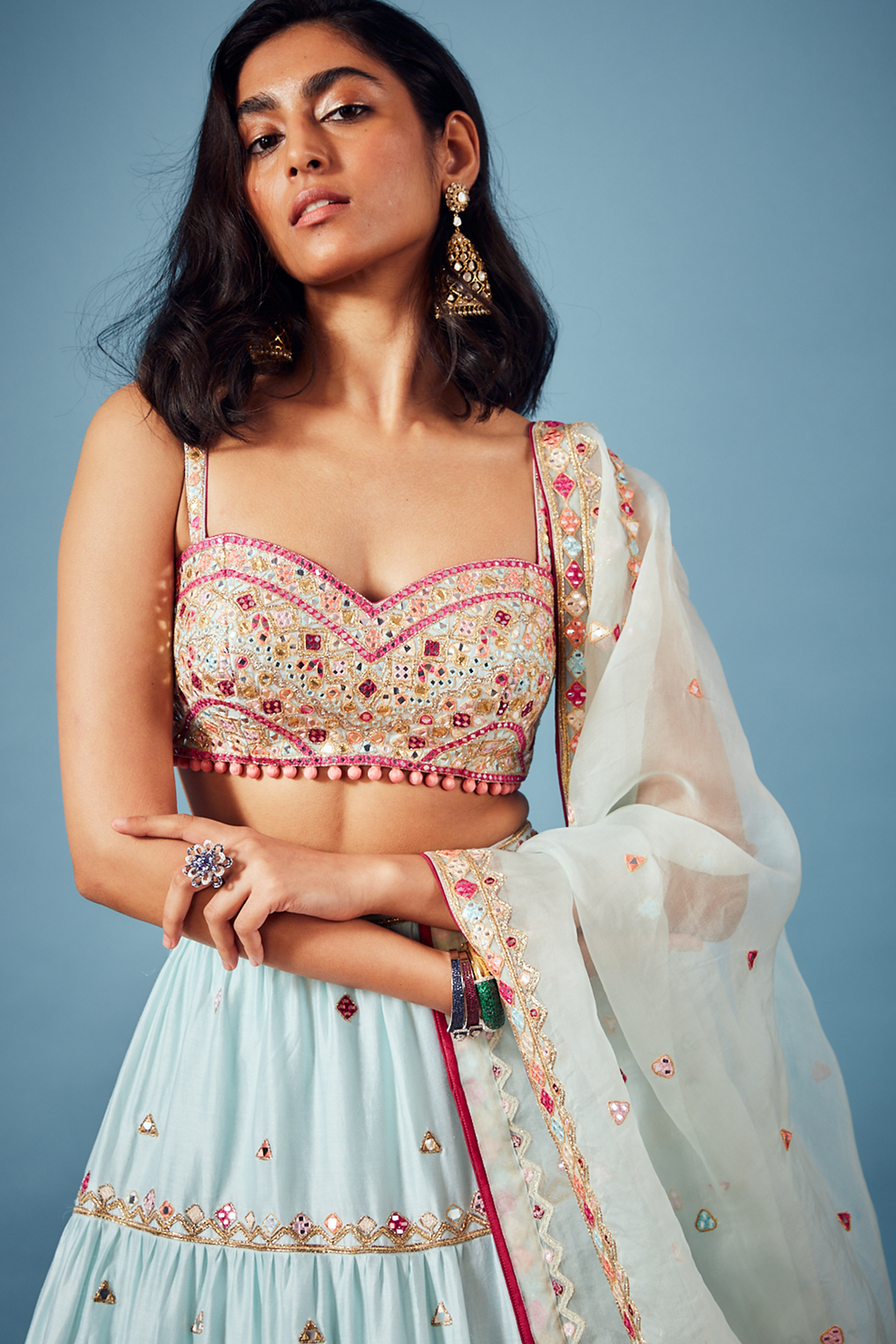 Blue Chanderi Tiered Lehenga Set