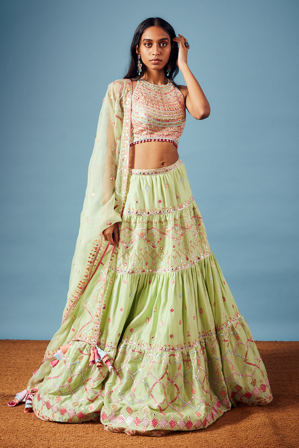 Green Chanderi Tiered Lehenga Set