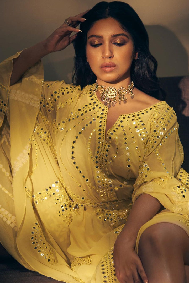 Bhumi Pednekar in Yellow Foil And Resham Kaftan With A Belt
