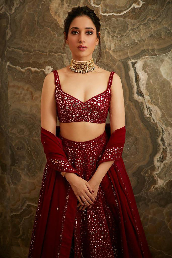 Tamanna Bhatia In A Maroon Net Foil Lehenga