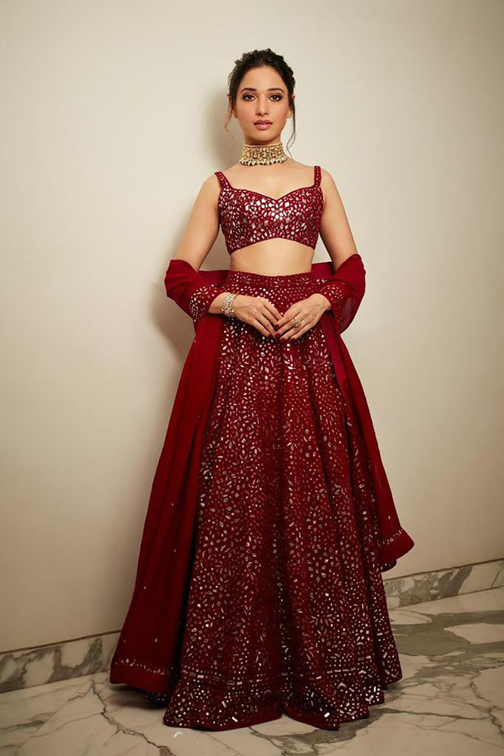 Tamanna Bhatia In A Maroon Net Foil Lehenga
