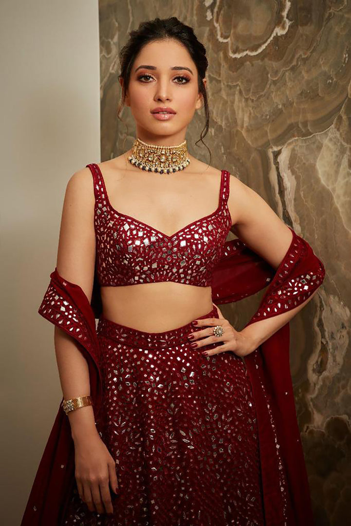 Tamanna Bhatia In A Maroon Net Foil Lehenga