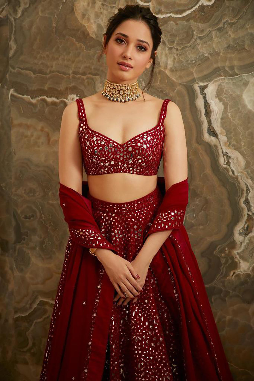 Tamanna Bhatia In A Maroon Net Foil Lehenga