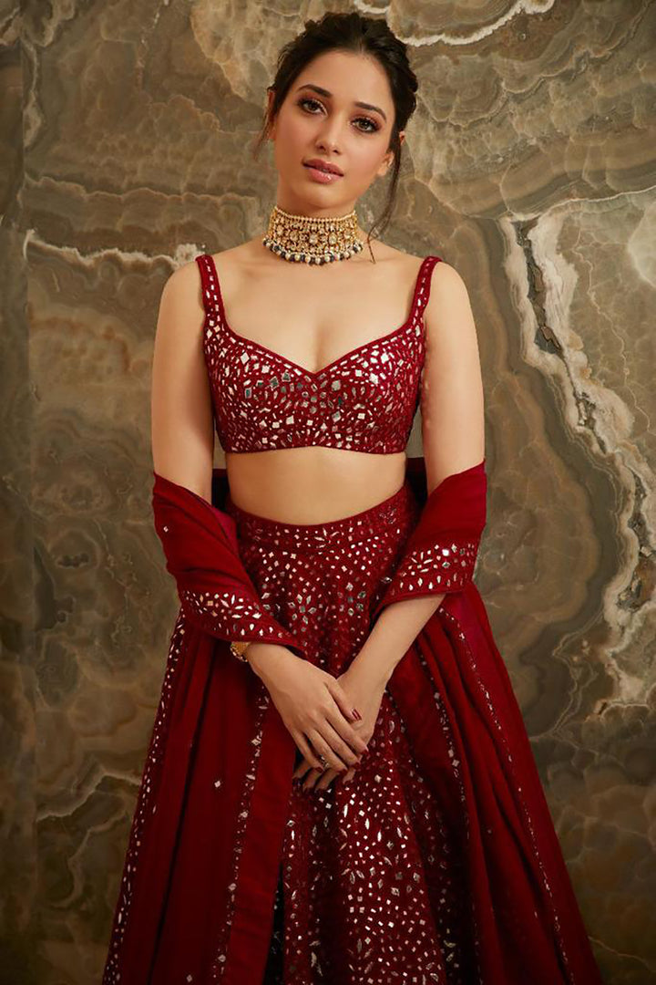 Tamanna Bhatia In A Maroon Net Foil Lehenga