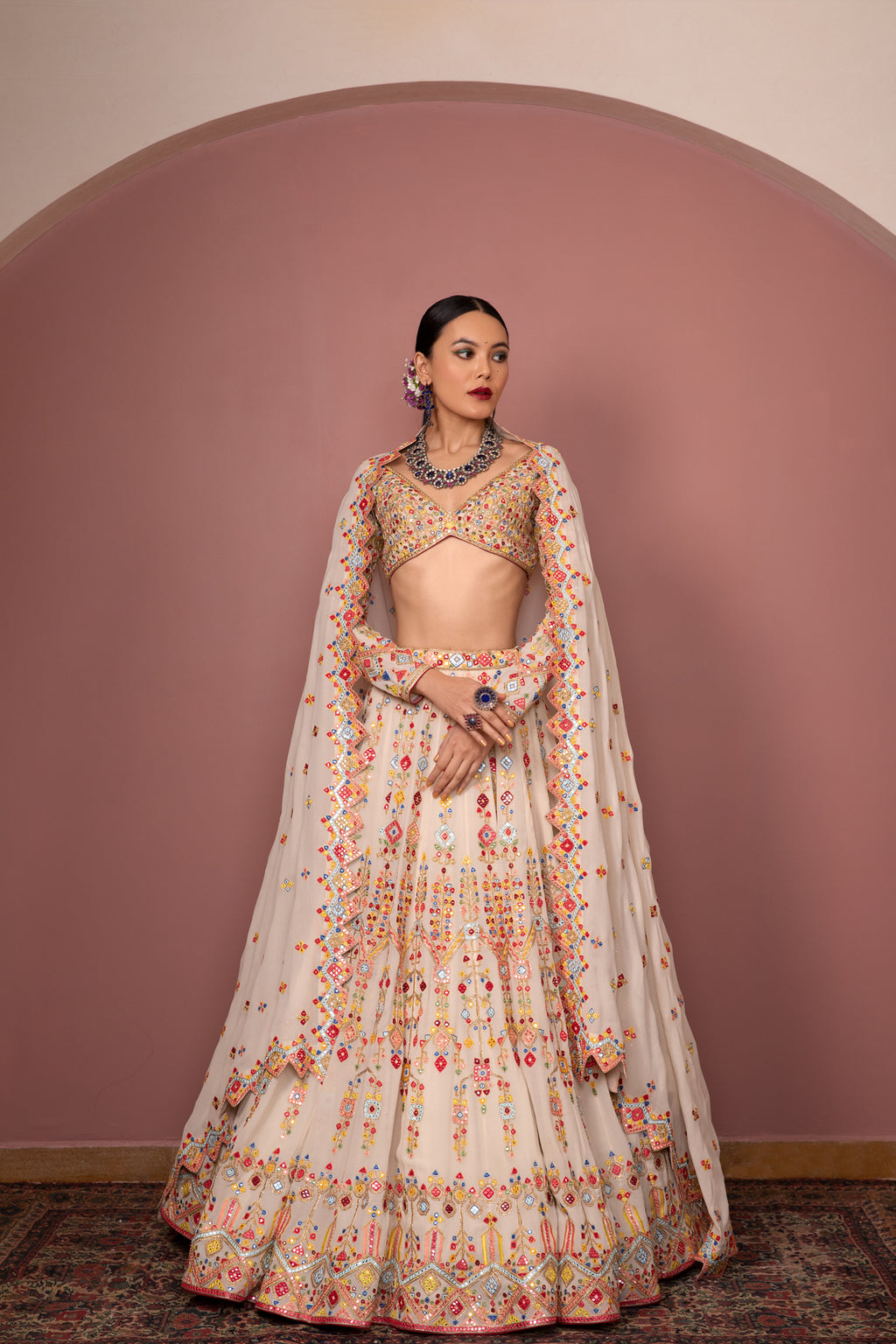 Ivory Georgette Aztek Lehenga
