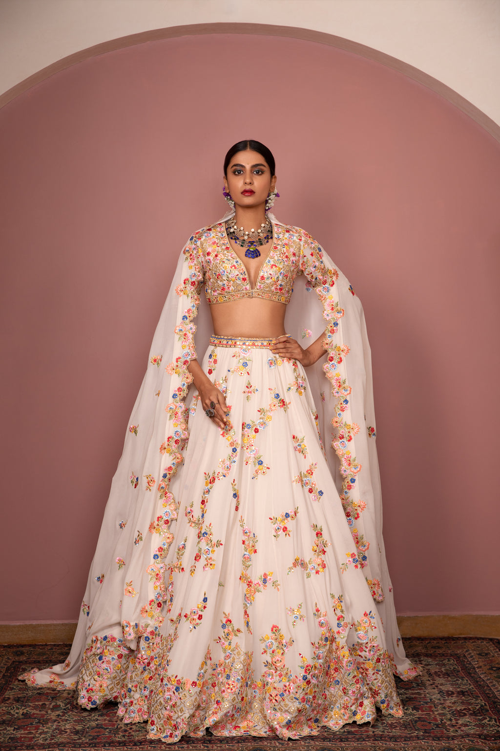 Ivory Georgette Floral Lehenga