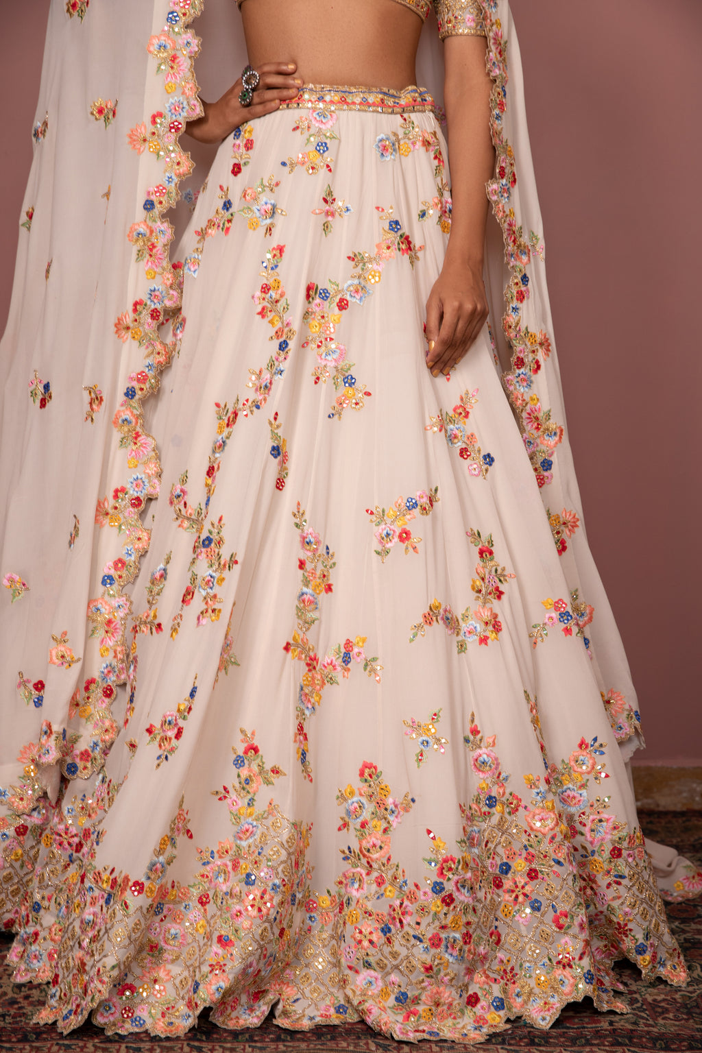 Ivory Georgette Floral Lehenga
