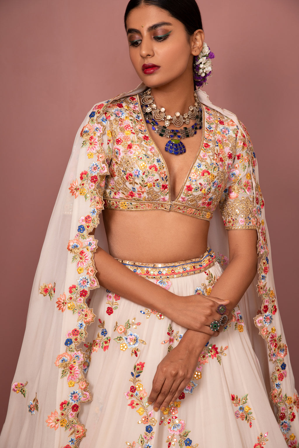 Ivory Georgette Floral Lehenga