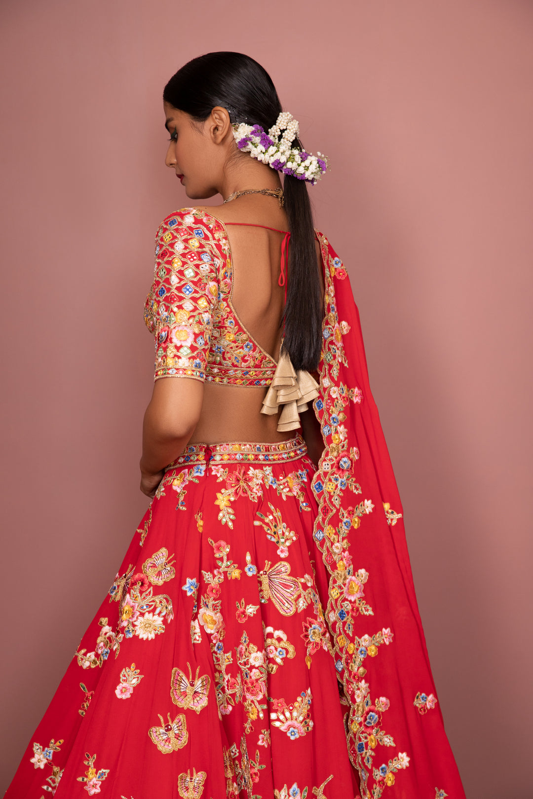 RED GEORGETTE FLORAL LEHENGA