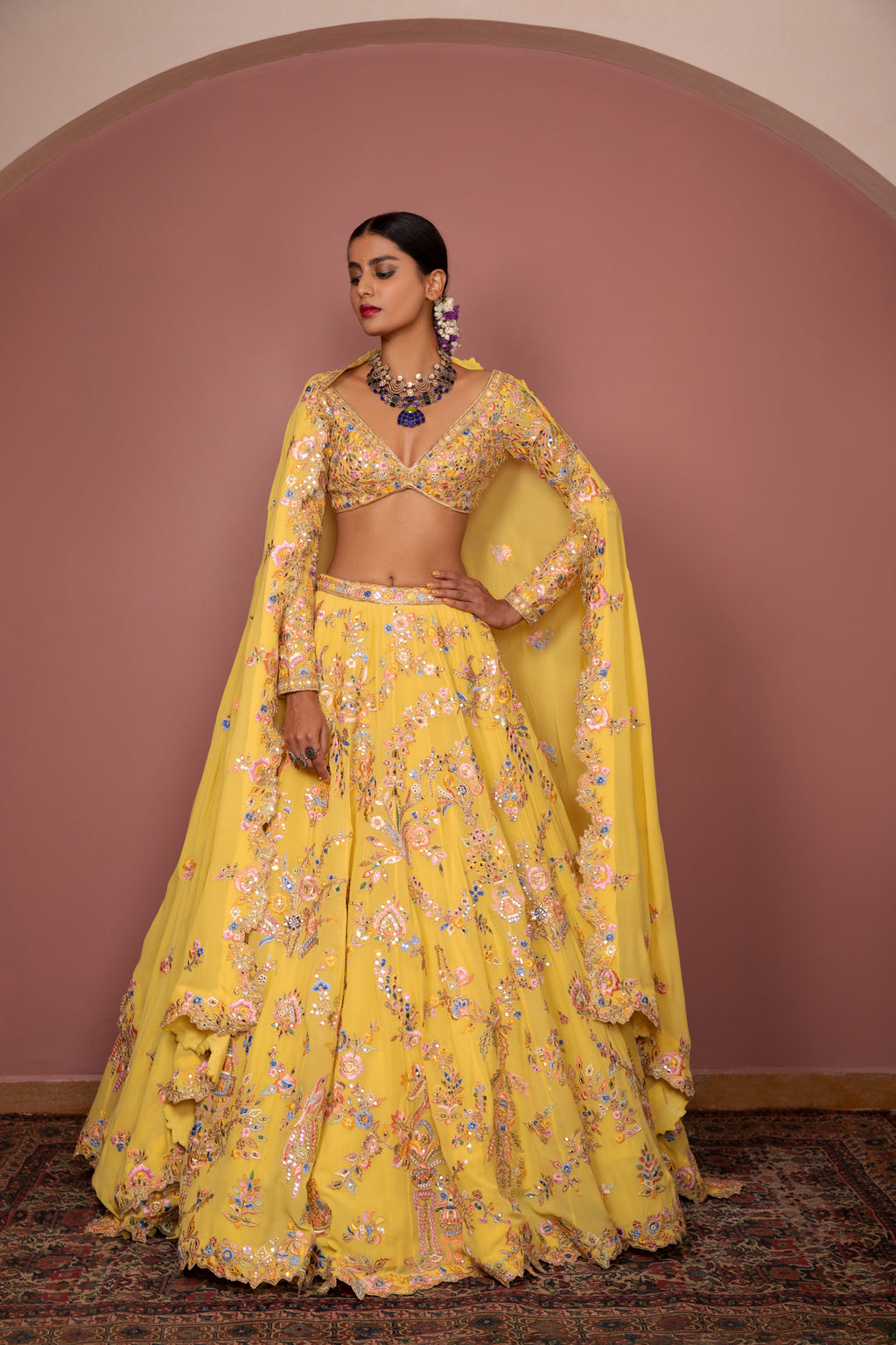 Yellow Georgette Floral Lehenga